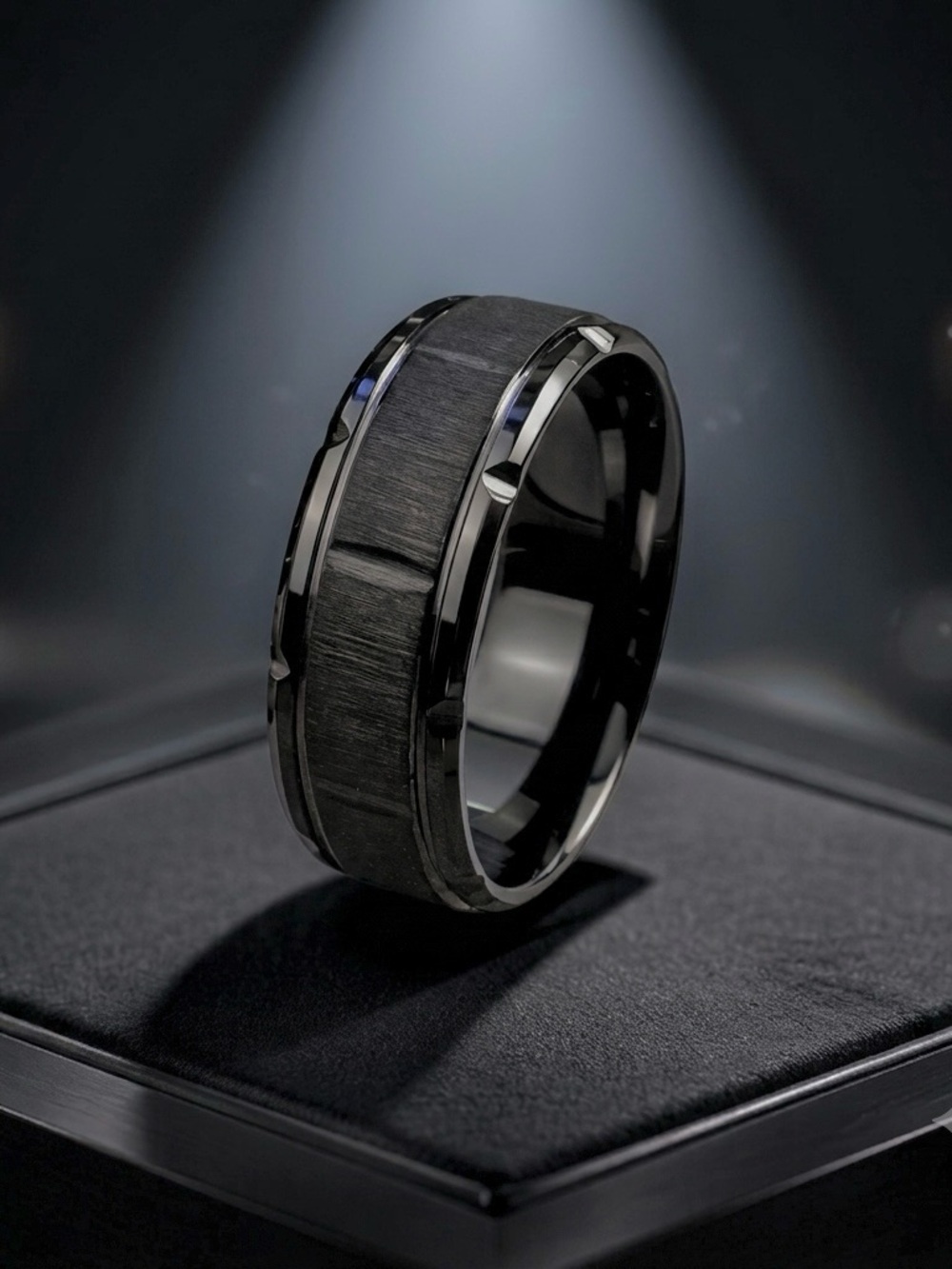 Stainless steel 8mm black polished and matte men’s ring -Size 10